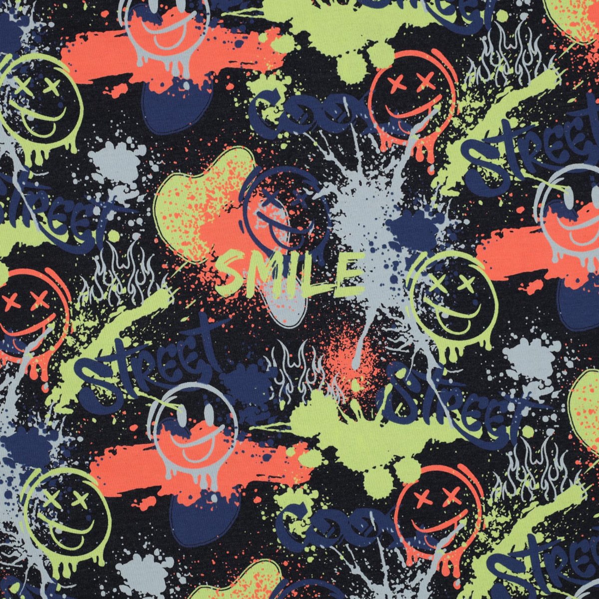 Baumwollstoff Jerseystoff Neon Jerseystoff Graffiti Neon Indigo
