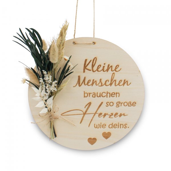 Holzscheibe Erzieherin mit weißen Trockenblumen