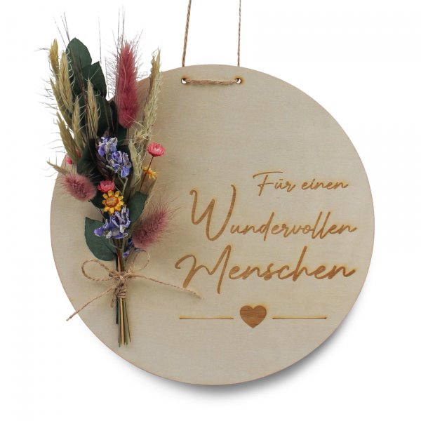 Holzscheibe Freundschaft mit bunten Trockenblumen