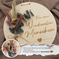 Holzscheibe Freundschaft mit bunten Trockenblumen