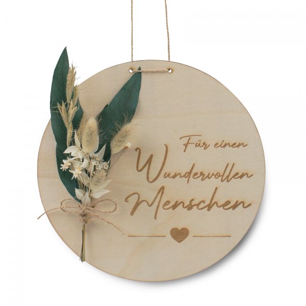 Holzscheibe Freundschaft mit weißen Trockenblumen