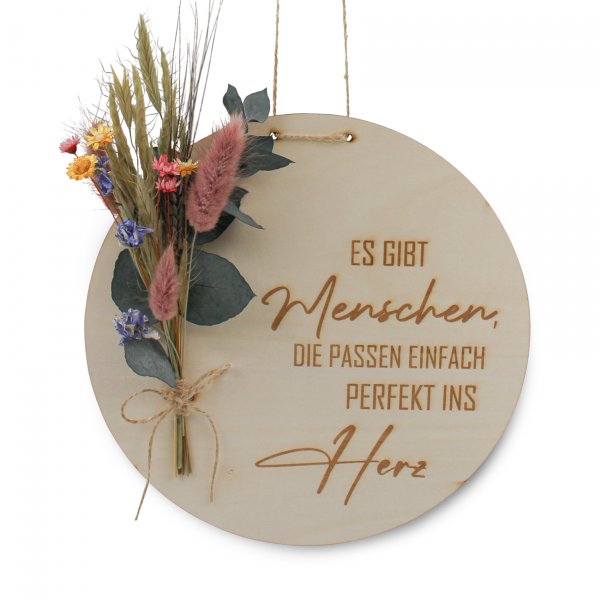 Holzscheibe Freundschaft mit bunten Trockenblumen