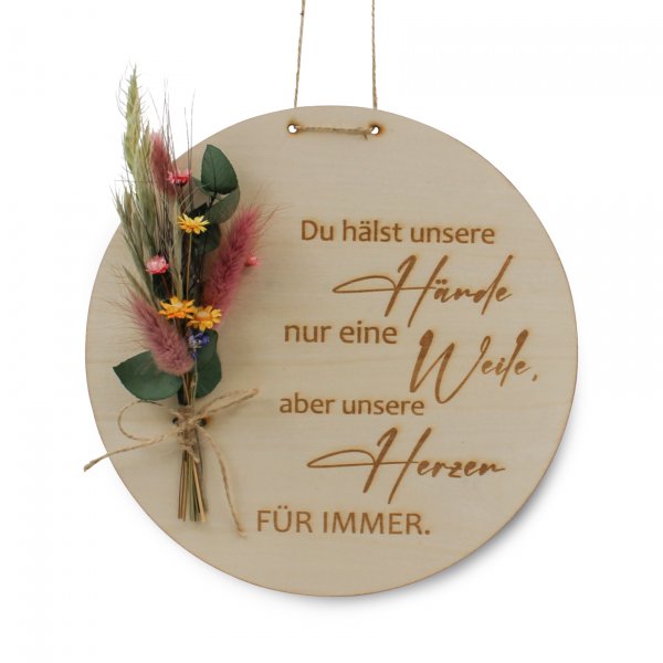 Holzscheibe Mama mit bunten Trockenblumen