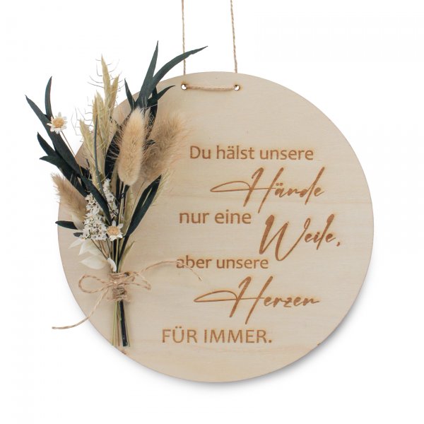 Holzscheibe Mama mit weißen Trockenblumen