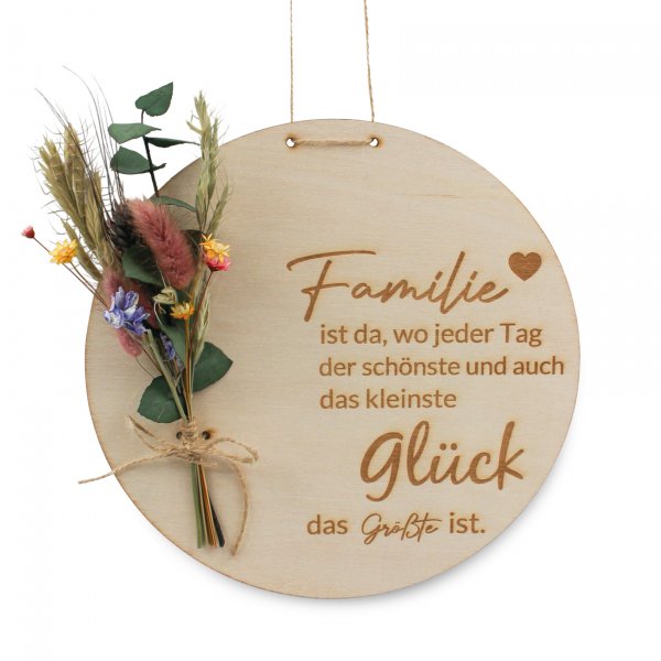Holzscheibe Zuhause mit bunten Trockenblumen