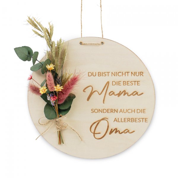 Holzscheibe Mama & Oma mit bunten Trockenblumen
