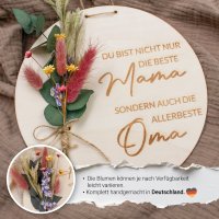 Holzscheibe Mama & Oma mit bunten Trockenblumen