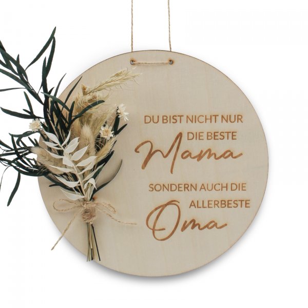 Holzscheibe Mama & Oma mit weißen Trockenblumen