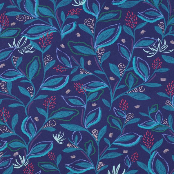 Baumwollstoff Blätter Digital Cobalt