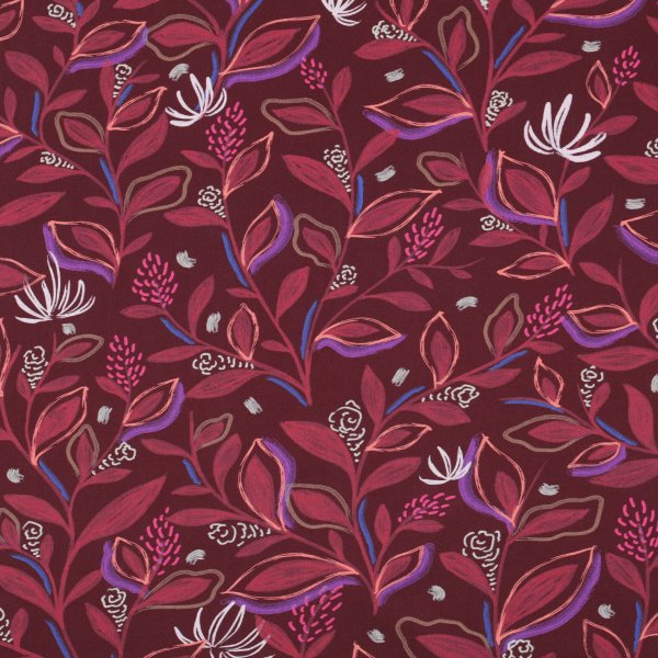 Baumwollstoff Blätter Digital Bordeaux