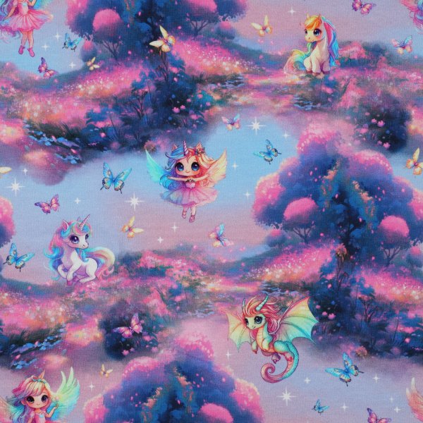 French Terry Fee Einhorn Digital Rosa